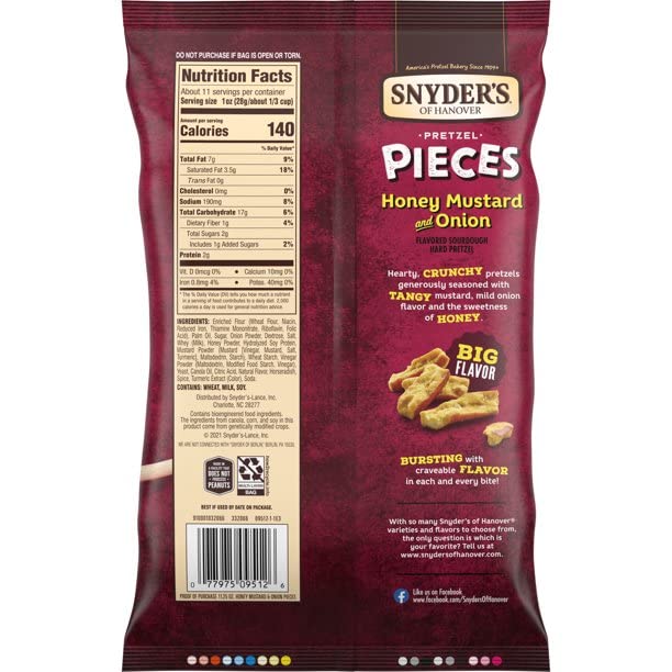 Snyder's of Hanover Flavored Pretzel Pieces, Choice of 4 Flavors- 11.25 oz. Bags (Honey Mustard & Onion, 3 Bags)