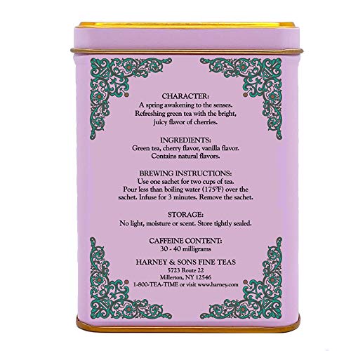 Harney & Sons Caffeinated Blossom Green Tea Tin Sachets Pink 31629, Cherry, 20 Count (Pack Of 1)
