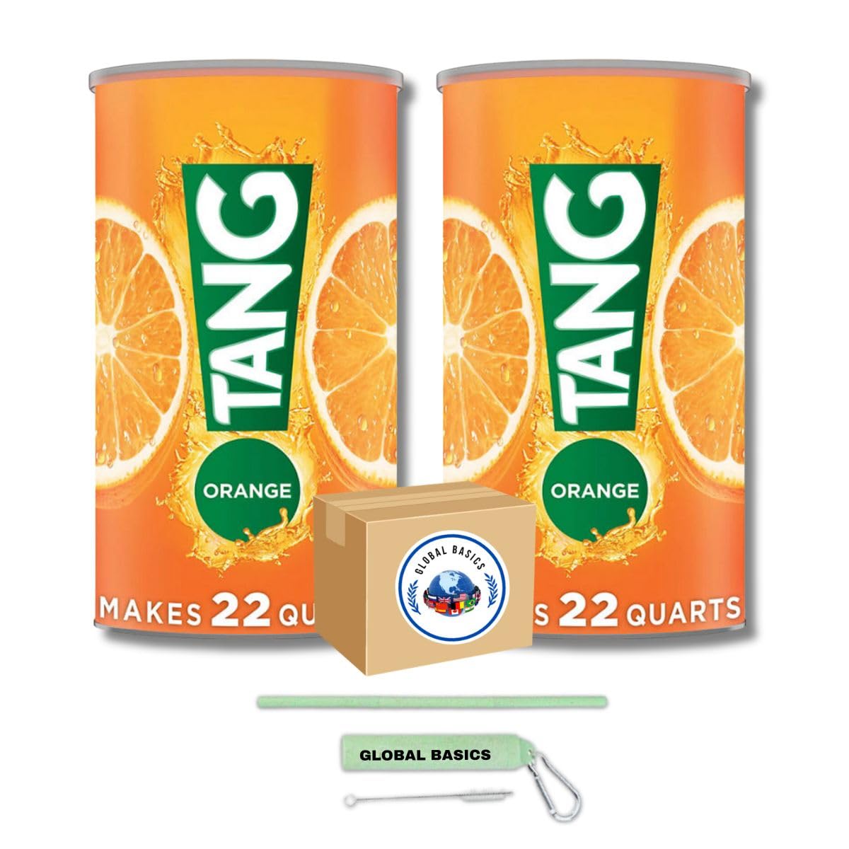 Global Basics Tang Orange Flavored Powdered Drink Mix | Pack of 2 | 72 oz Per Canister - 144 oz TOTAL | Includes A Global Basics