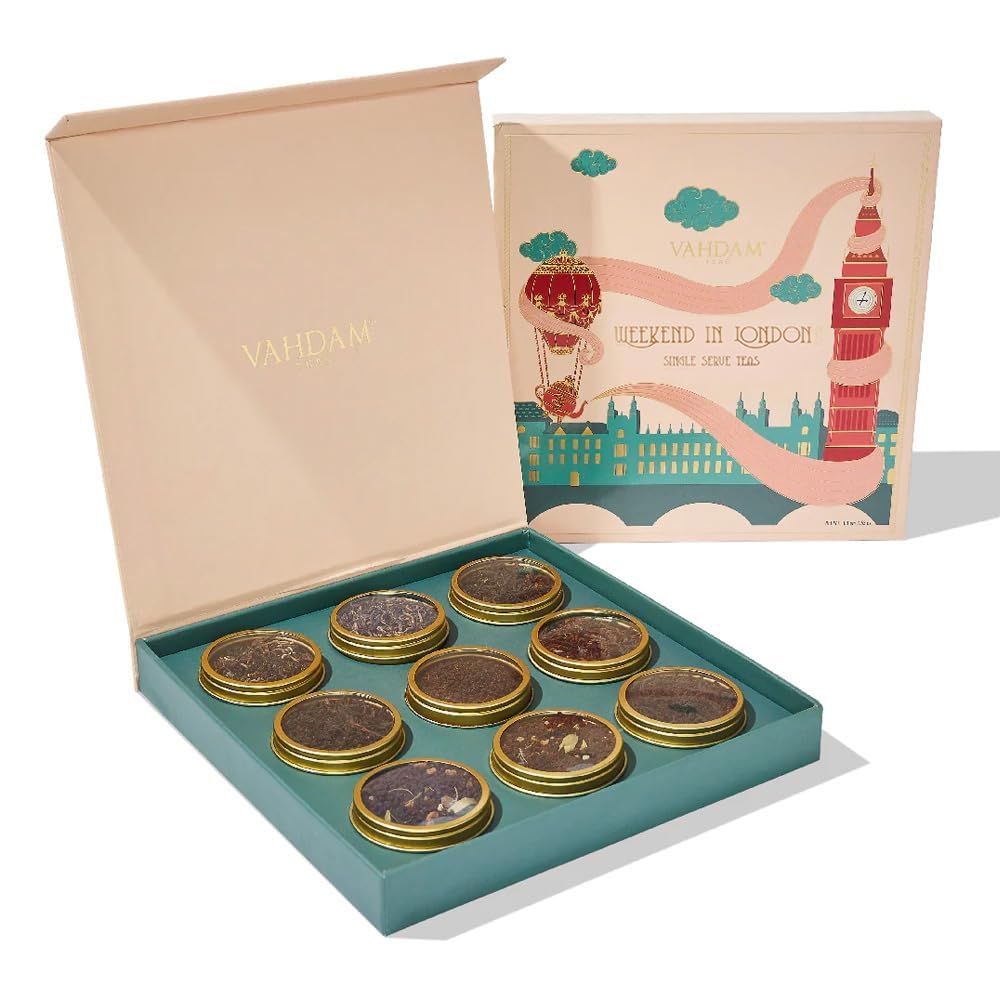 VAHDAM Weekend In London Tea Gift Set, 9 Varieties, Travel Edition, 3.5oz, Gluten Free, Non-GMO, 50+ Cups