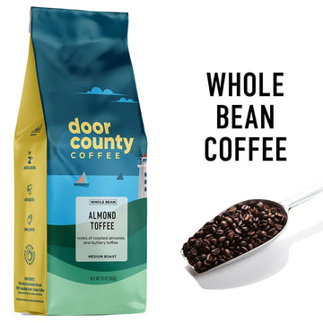 Door County Coffee Almond Toffee Flavored Coffee Whole Bean | 10 Oz Bag | Flavored Whole Bean Coffee Medium Roast | 100% Special