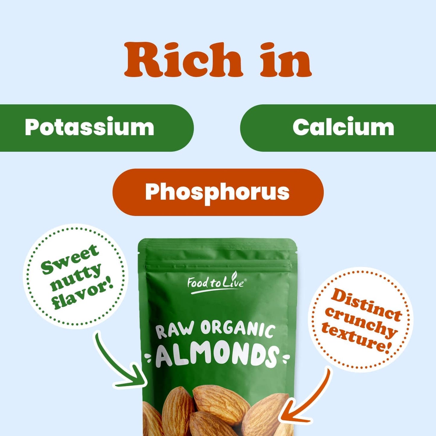Food To Live - Organic Almonds, 8 Ounces Non-Gmo, Whole, Raw, No Shell, Unpasteurized, Unsalted, Vegan, Kosher, Bulk. Keto Snack