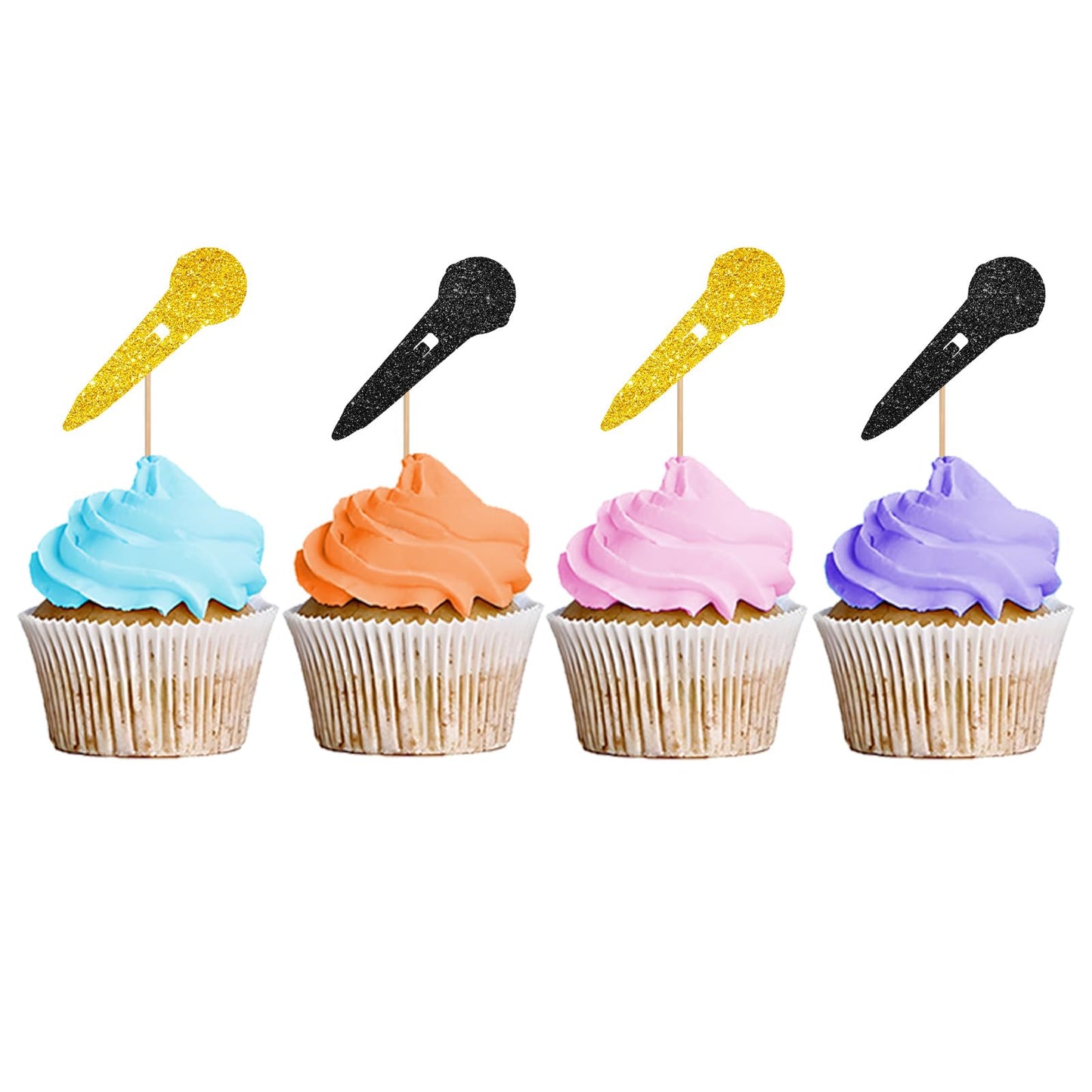 24Pcs Microphone Cupcake Toppers Music Themed Baby Shower Party Decor Ktv Dessert Picks Sinflavor Blendg Themed Birthday Party Decoration - Gold & Black Glitter