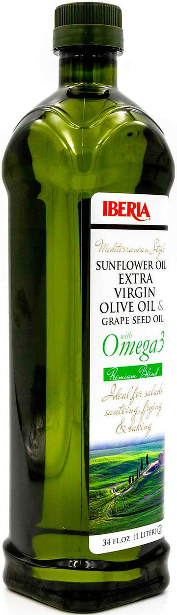 Iberia Omega 3 Cooking Oil Blend, Extra Virgin Olive Oil, G seed Oil, Sunflower Oil, 34 fl oz, Mediterranean
