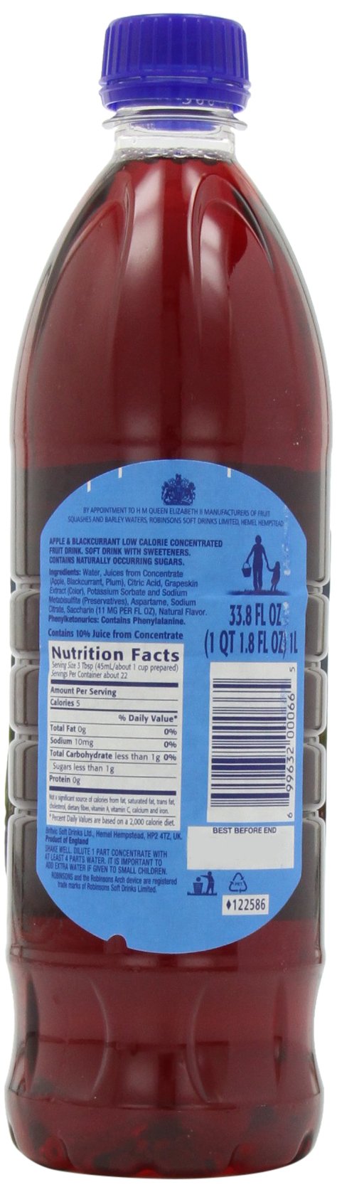 Robinson's Fruit Drink, Apple & Blackcurrant, No Added Sugar, 1-Liter Plastic Bottles (Pack of 4)