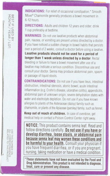 Traditional Medicinals Organic Smooth Move Senna Chamomile Herbal Tea, Relieves Occasional Constipation, (Pack Of 4) - 64 Tea Ba