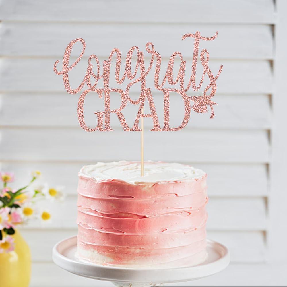 LVEUD Congrats Grad Cake Topper, Rose Gold Cardboard Graduation Decoration for 2025 Party