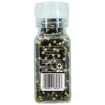 Simply Organic Whole Pepper Grinder, 3 Ounce Bottle, Blend Of Black, White And Green Peppercorn For Complex Flavor
