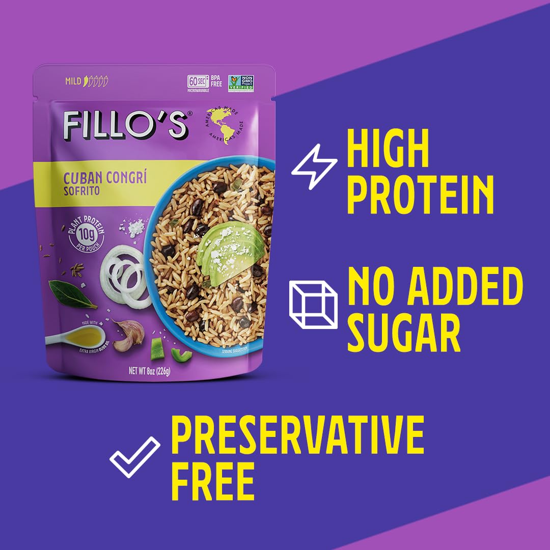 Fillo'S Cuban Congri - Black Beans And Rice, Ready To Eat Rice With Beans, 8 Oz Pk Of 6, Gluten-Free, Preservative-Free, Microwa
