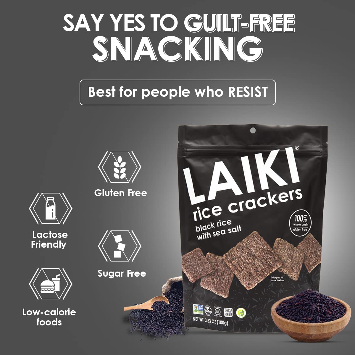 LAIKI Gluten Free Rice ers, Seed-Oil Free, Low Sodium, Vegan, Non-GMO, 3.53 Oz Bag (Pack of 8), Black Rice Simply Sea Salt