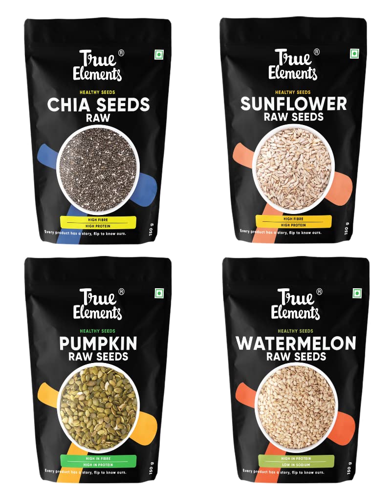 True Elements Healthy Raw Seeds Combo Pack (150g*4) - Seeds for Eating Combo | Chia Seeds, Pumpkin Seeds, Watermelon Seeds & Sun