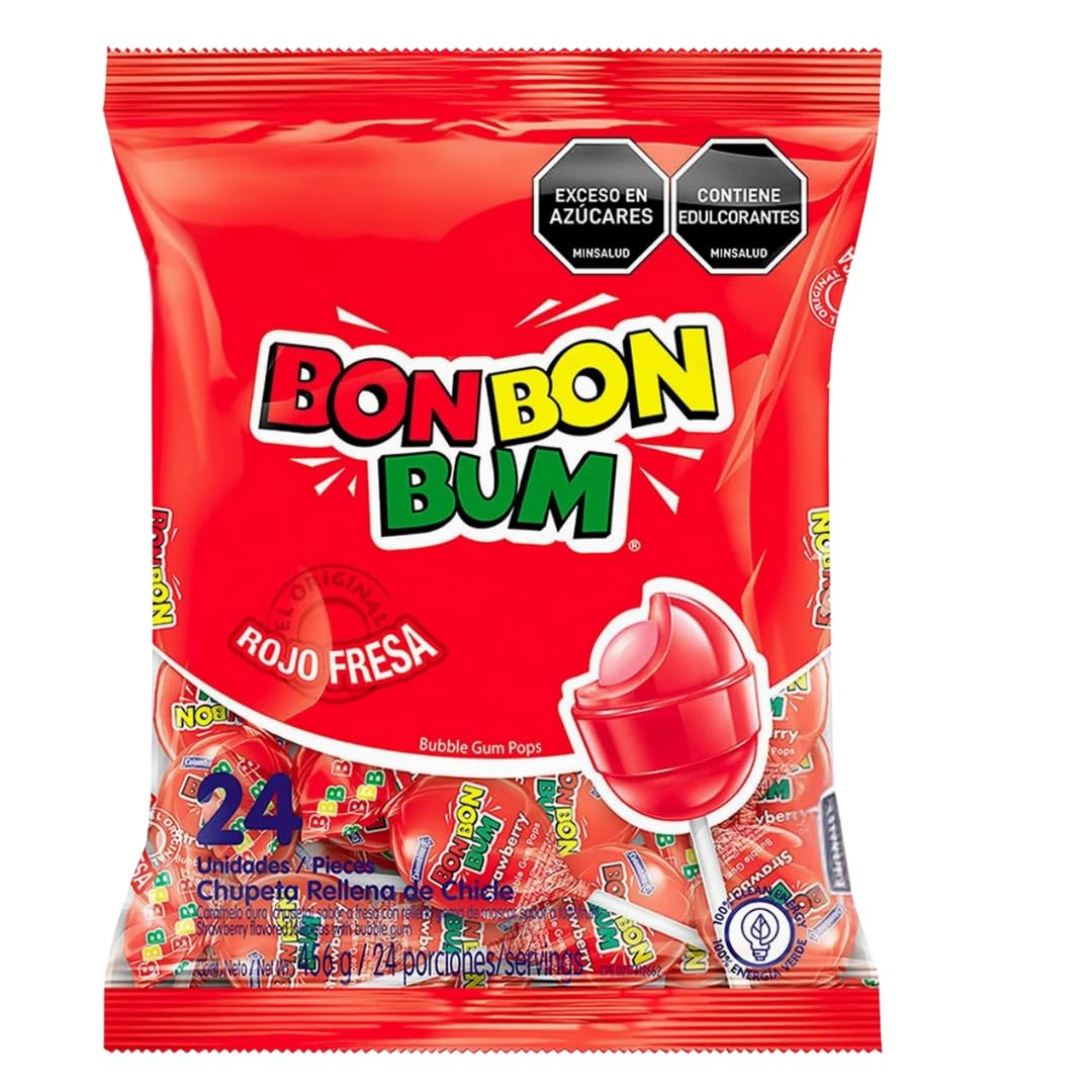 Bon Bon Bum - Fruity Lollipop with Bubble Gum center - Perfect for Parties and Sharing (24, Fresa (Strawberry))