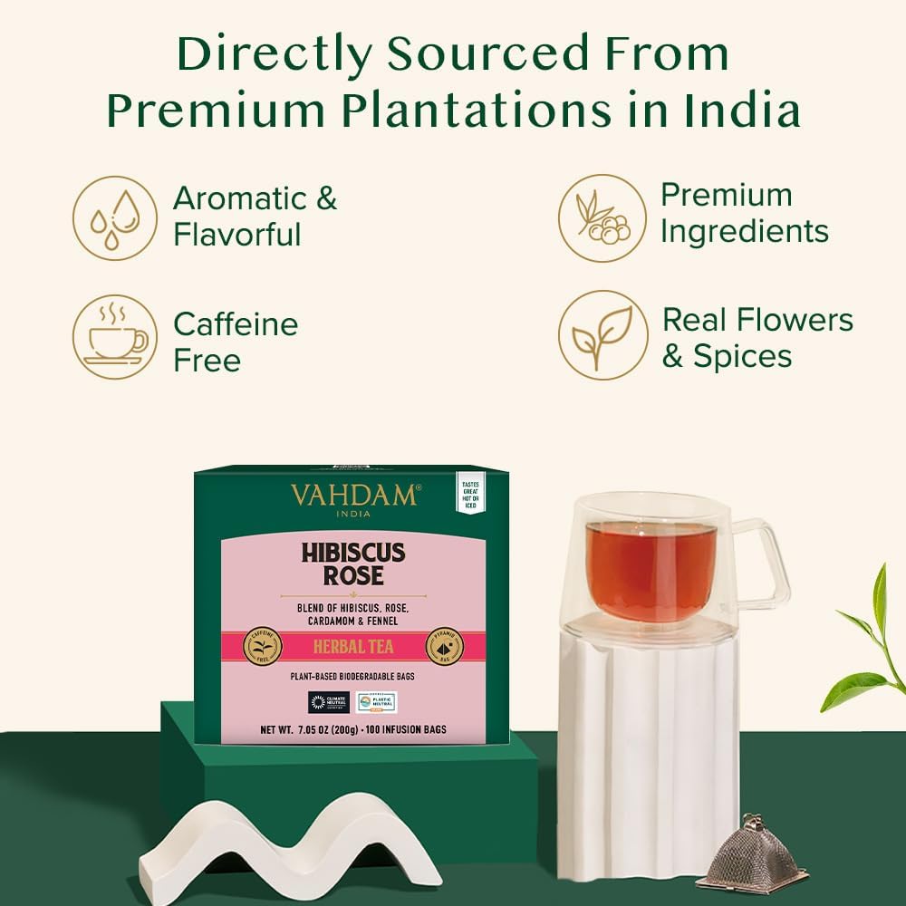 VAHDAM Hibiscus Flowers Herbal Tea Bags, Caffeine Free, Non GMO, Gluten Free, 100 Count, Resealable Ziplock Pouch