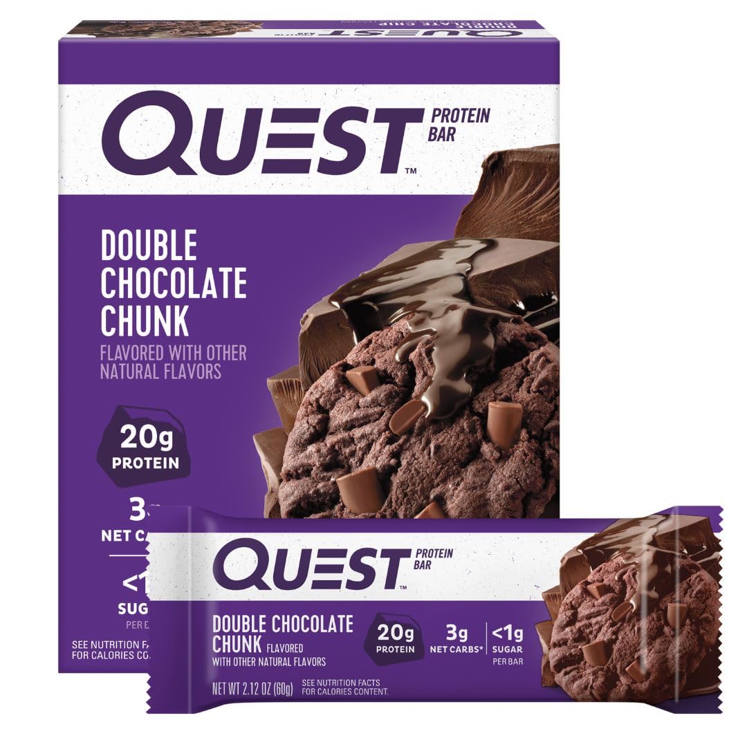 Quest Nutrition Double Chocolate Chunk Protein Bars, 20g Protein Bars, 1g Sugar, 4g Net Carb, Gluten Free, Keto Friendly, 4 Coun