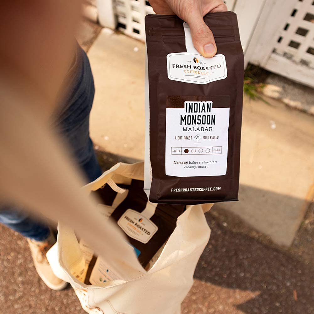 Fresh Roasted Coffee, Indian Monsoon Malabar, 5 Lb (80 Oz), Light Roast, Kosher, Whole Bean