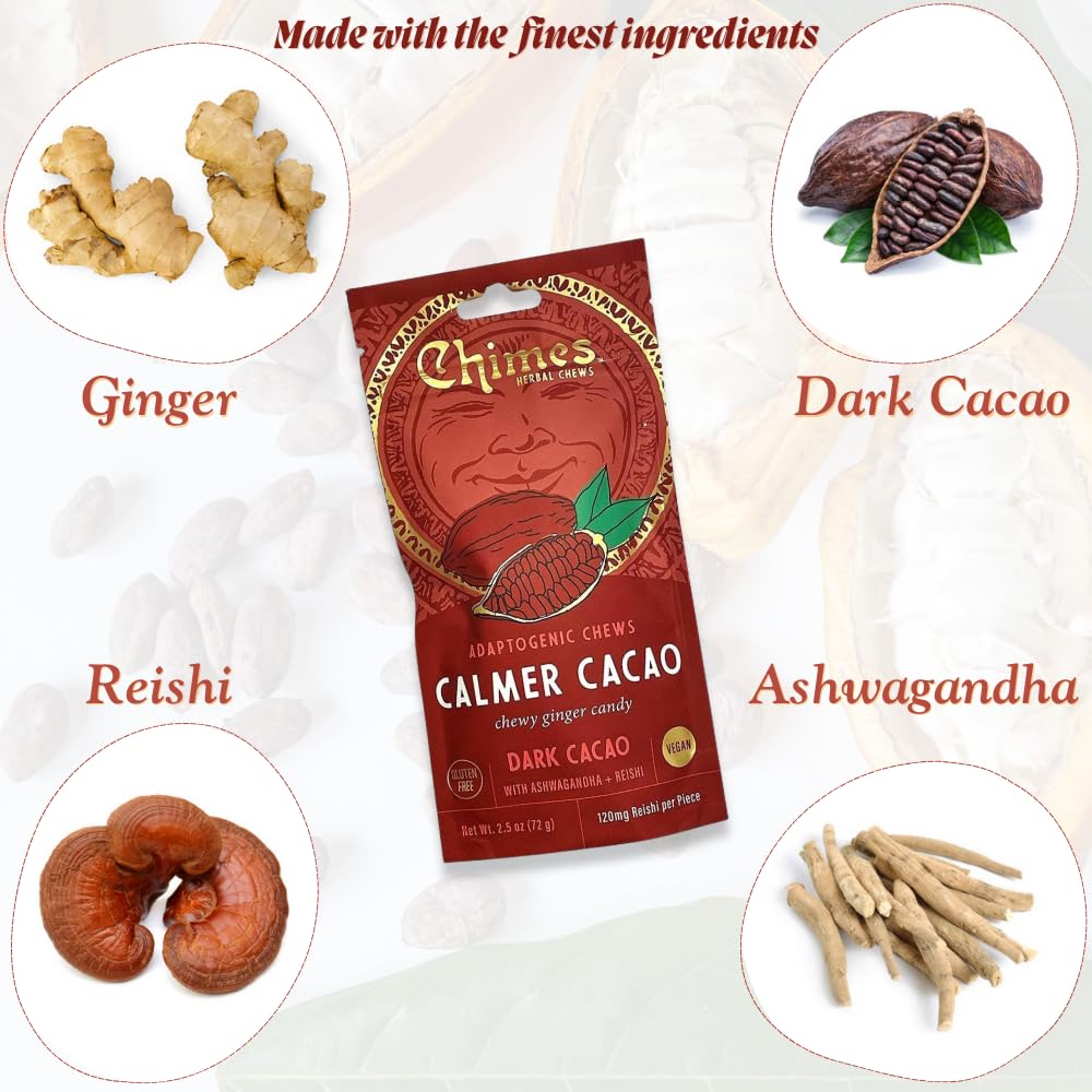 Chimes Adaptogen Ginger Chews Variety Pack Of 2, Tranquil Turmeric And Calmer Cacao, 5 Oz Total Ginger, Ashwagandha, Reishi, Tur