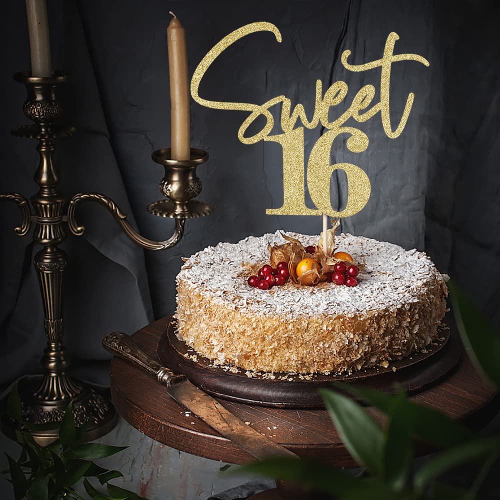 Bejotaa Gold Sweet 16 Cake Topper - Premium Glitter Paper Decoration