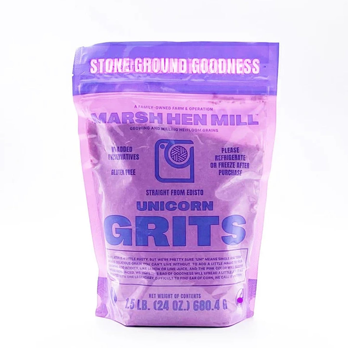 Marsh Hen Mill Unicorn Grits - Stone Ground Heirloom Blend Of Pink Corn | Old-Fashioned Corn Grits | Gluten-Free & No Additives | Pure All-Natural Corn | 24 Oz (Pack Of 1)