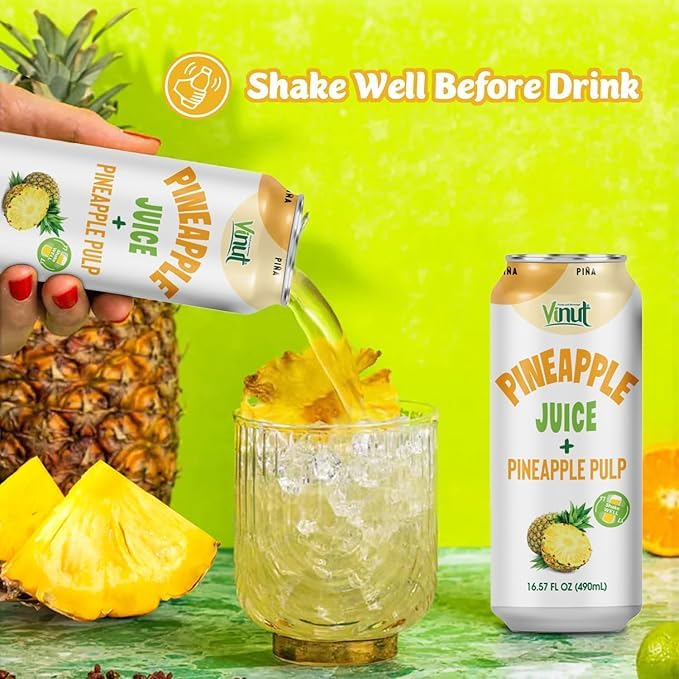 VINUT Natural Pineapple Juice Drink with Pulp, No Sugar Added, Gluten Free, 16.57 fl oz, Pack of 12