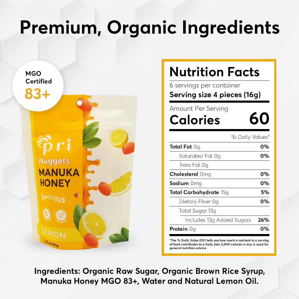 P.R.I Manuka Honey & Lemon Nuggets, Sweet And All Natural Hard Candy Treat, 3.5Oz
