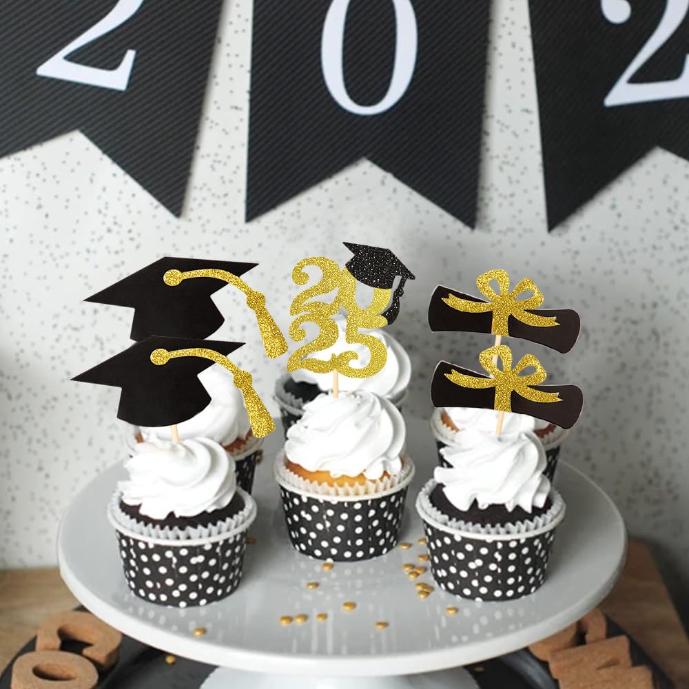 Partico Gold Glitter Graduation Cupcake Topper, 24pcs, Paper, Class of 2025, Food/Appetizer Picks