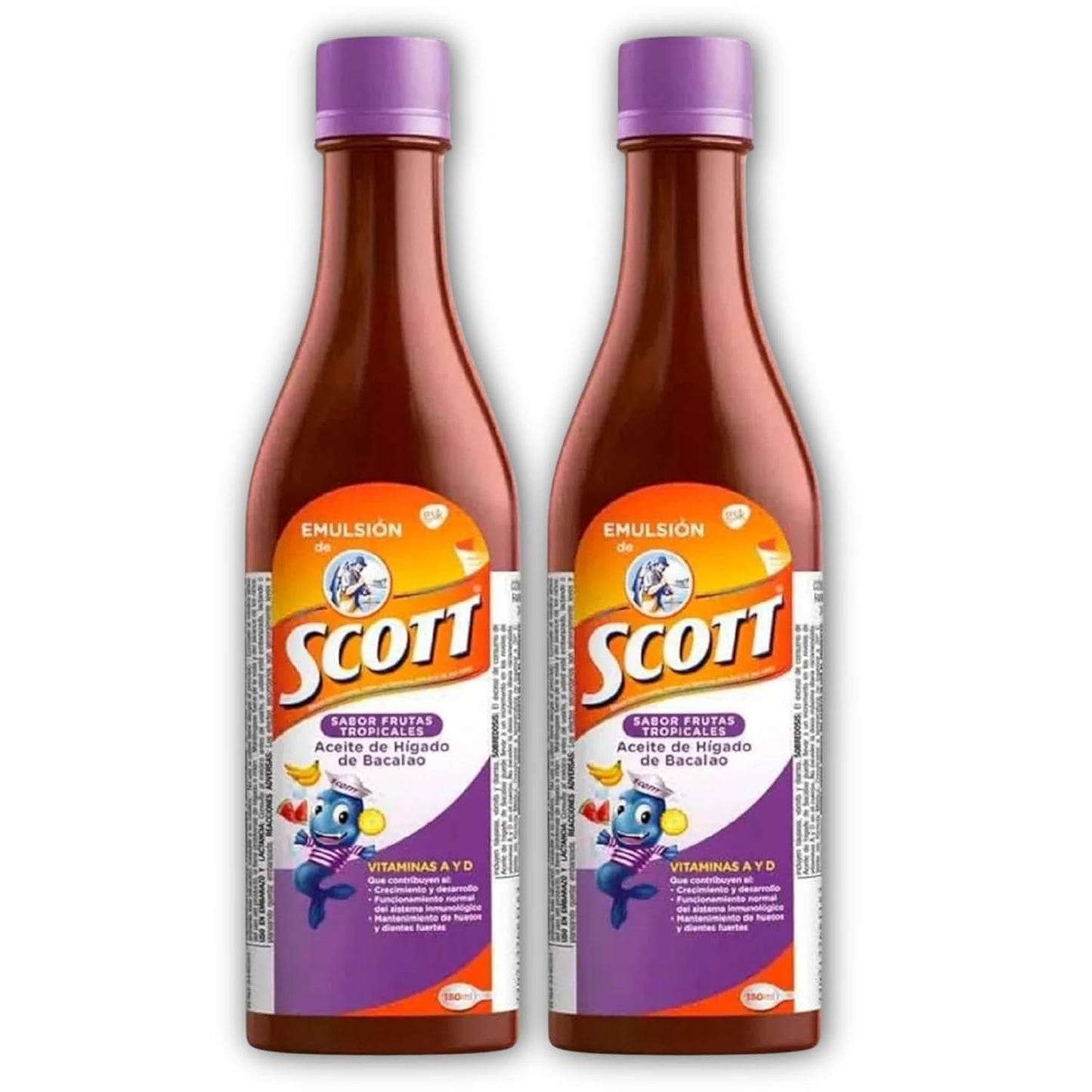 Yahve - Emulsion De Scott Aceite De Hígado De Bacalao Sabor Frutas Tropicales Pack De 2 De 6.1 Fl Oz - 180 Ml - Suplemento Dietético Para Niños Con Vitamina A Y Calcio -