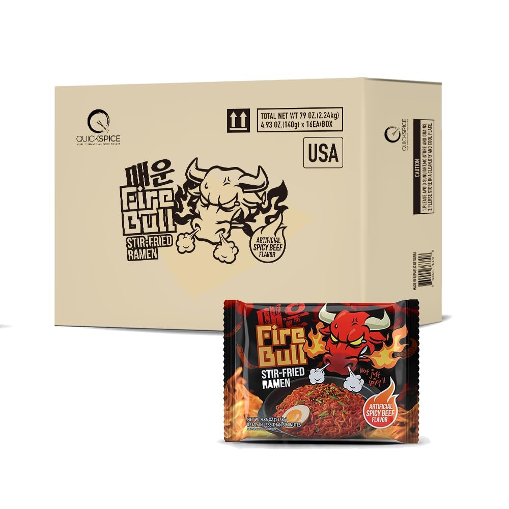 FIRE BULL RAMEN Intense Spicy Stir-Fried Ramen | Thick Chewy Noodles | 32 Pouches (1 Case)