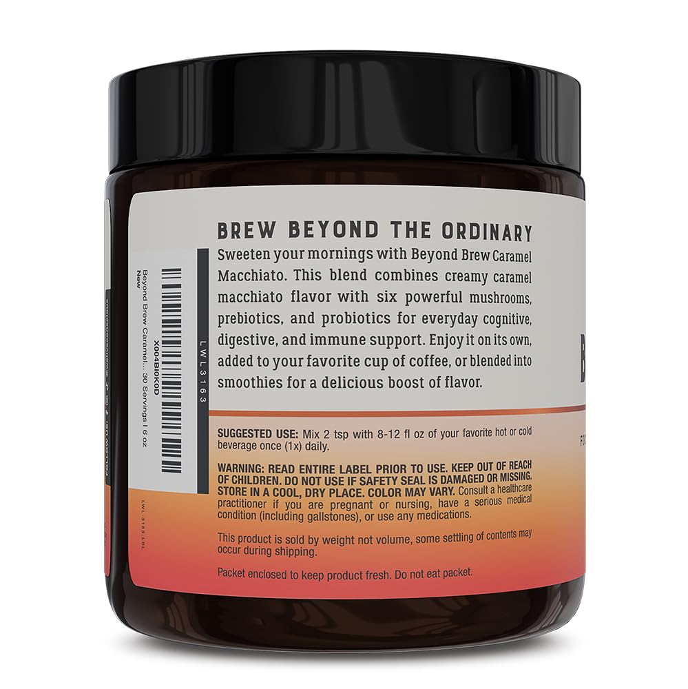 Live Conscious Beyond Brew Caramel Macchiato Coffee Alternative - Low Caffeine Superfood with Mushroom Complex - 30 Servings