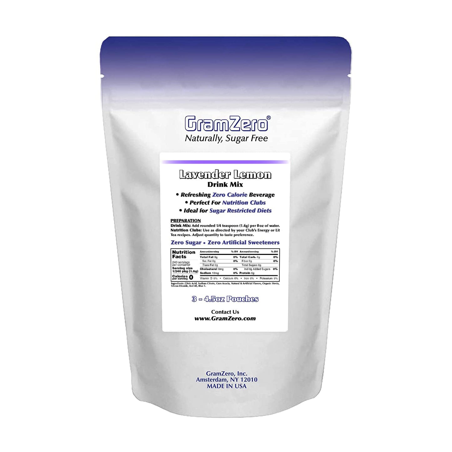 Gramzero Lavender Lemon Zero Calorie Sugar Free Drink Mix, Great For Nutrition Club Loaded Tea, Stevia Sweetened