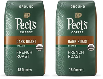 Peets Coffee Dark Roast Ground Coffee | USDA Organic | French Roast | 36 Ounces | 2 Bags