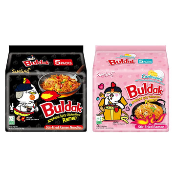 Samyang Buldak Hot Spicy Chicken Ramen Noodle Korean Stir-Fried Ramen, Original 4.94 Oz(140G) & Carbonara Flavor 4.58Oz(130G), 5 Pack For Each Flavor