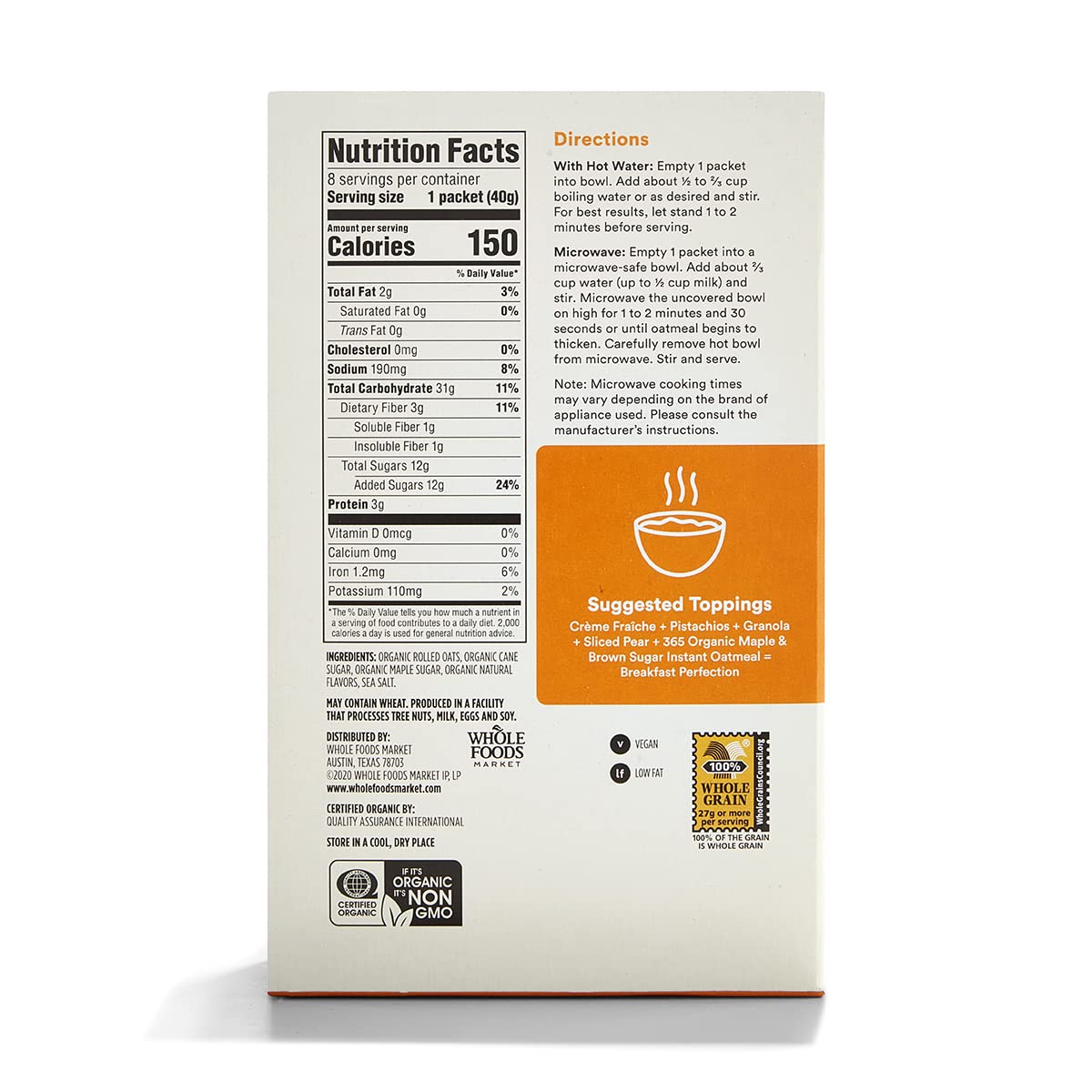 365 by Whole Foods Market, Organic Maple & Brown Sugar Instant Oatmeal 8 Pack, 11.3 Ounce