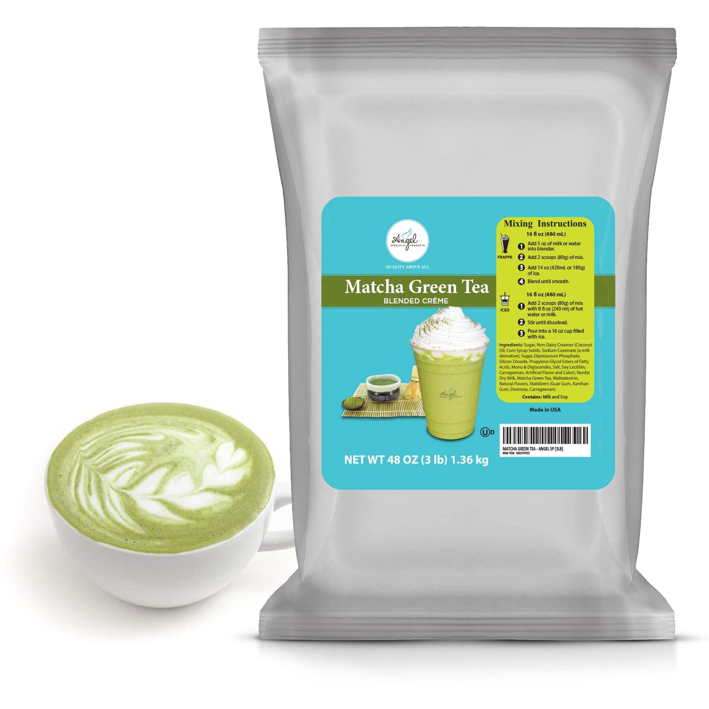 ANGEL SPECIALTY PRODUCTS Matcha Green Tea Blended Crème Mix, 3 LB - Green, Smooth, Creamy Flavor for Beverages and Desserts