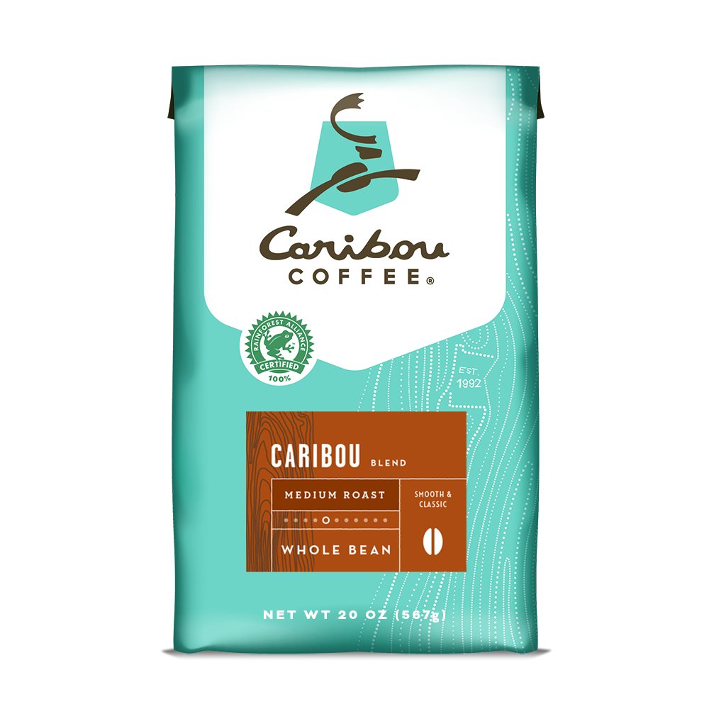 Caribou Coffee Caribou Blend, Medium Roast Whole Bean Coffee, 20 Ounce Bag, Rainforest Alliance Certified