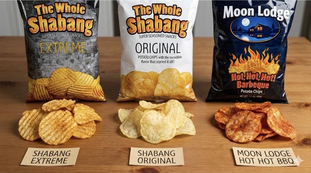 Shabang Potato Chips, Original, Extreme, and Moon Lodge Hot Hot Hot Barbeque pack of (21)