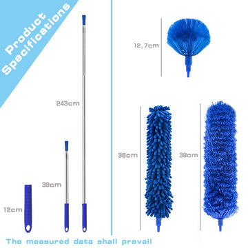 Microfibre Duster For High Ceilings, Duster For Cleaning Fan Cobweb, 100'' Telescopic Extension Pole Kit, Reusable Duster, Washa