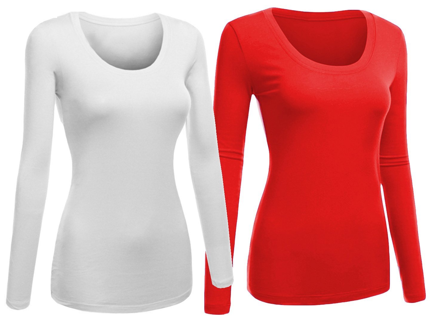 Emmalise Womens Junior And Plus Size Basic Scoop Neck Tshirt Long Sleeve Tee, Large, 2Pk White, Red