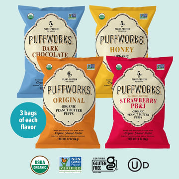 Puffworks Four Flavor Variety Pack Organic Peanut Butter Puffs (Original, Pbj, Dark Chocolate, Honey), Plant-Based Protein Snack
