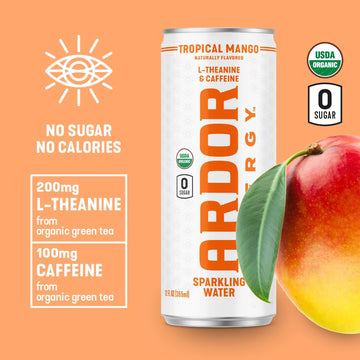 ARDOR ENERGY Sparkling Water Tropical Mango, 12 Fl Oz (Pack of 12), 100mg Organic Caffeine, No Sugar, Vegan, Gluten Free