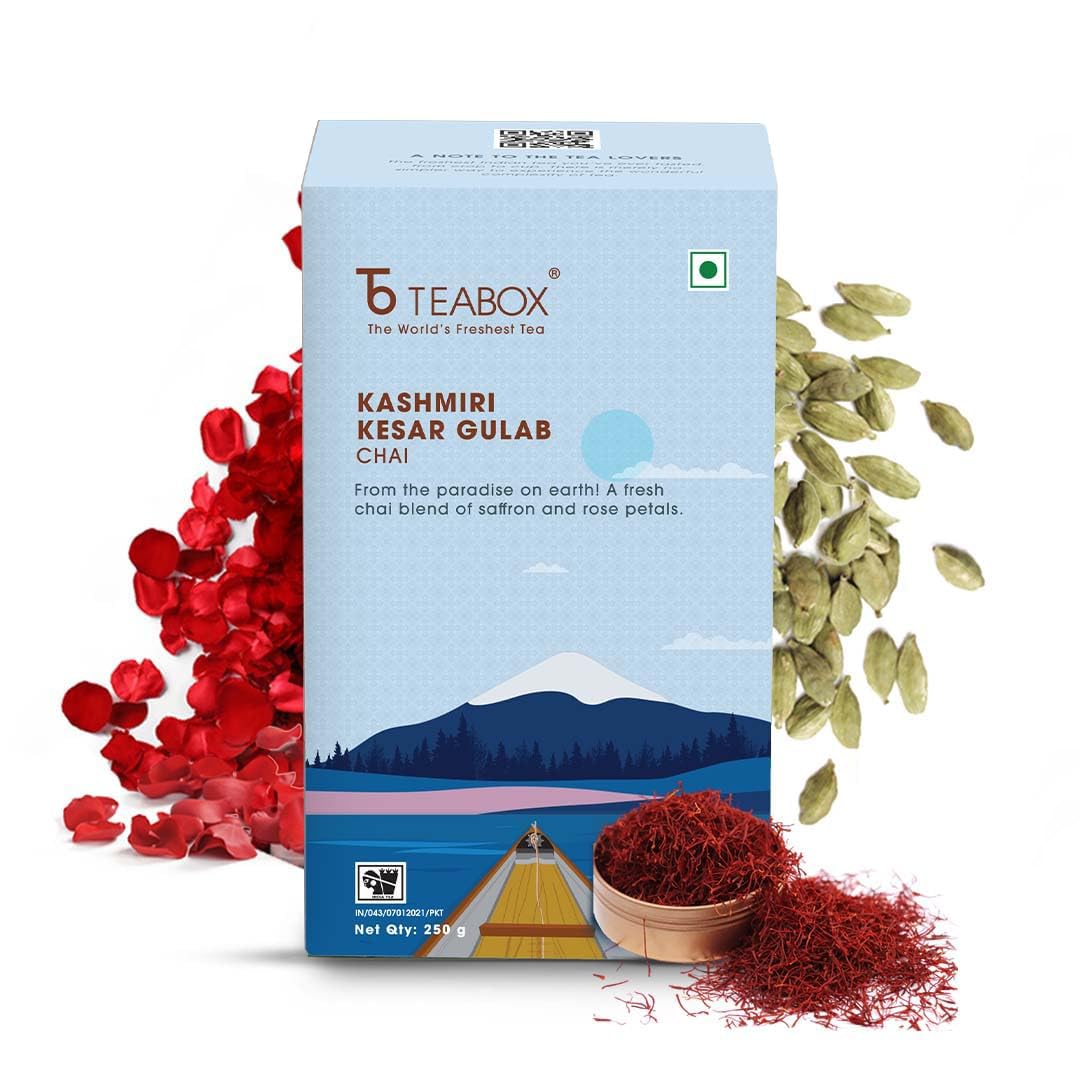 Teabox Kashmiri Kesar Gulab Chai | From The Everlasting Beauty Of The Kashmir Valley | Mixed With The Worlds Rarest Saffron & Light Scented Roses | 250 Grams