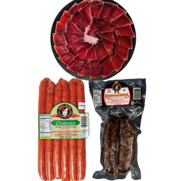 Spanish Sausage & Iberico Ham Combo: Chistorra Espaola, Morcilla de Cebolla, Iberico Acorn-Fed Ham - Authentic Spanish Pork Saus