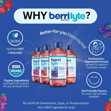 Berri Lyte Plant Based Organic Electrolyte Solution - Pediatric Rehydration Drink - Low Sugar Acai Berry Flavor, 1 L, 4 Ct