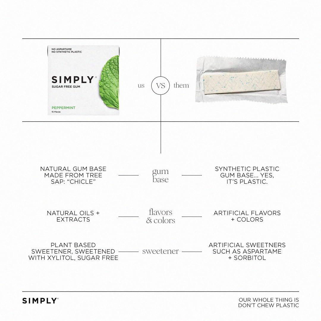 Simply Gum | Sugar Free Xylitol Chewing Gum | Variety Pack- Bubblegum, Peppermint, Spearmint | Pack Of Six (90 Pieces Total) | S
