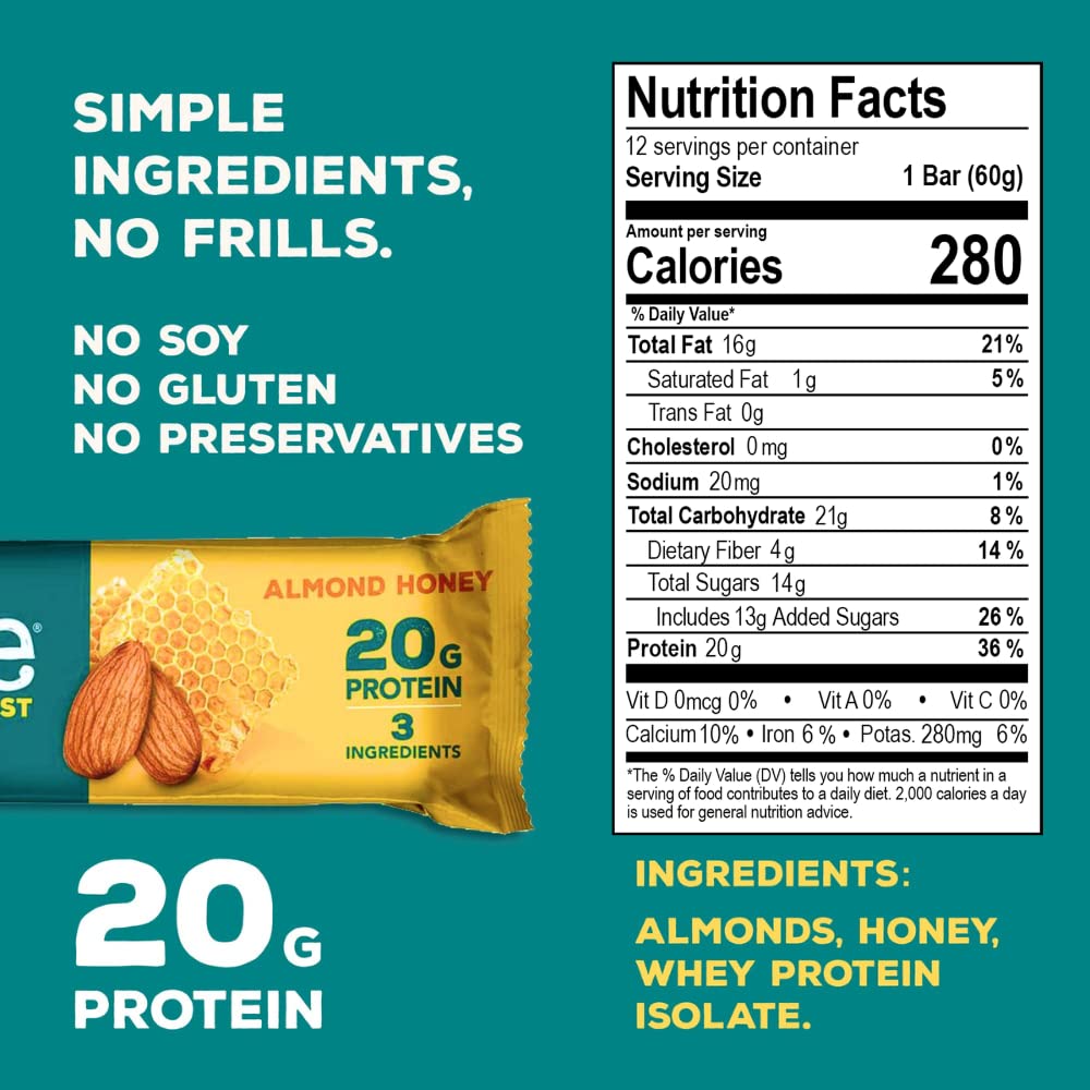 Rise Whey Protein Bars - Almond Honey | Healthy Breakfast Bar & Protein Snacks, 20g Protein, 4g Fiber, Just 3 Whole Food Ingredi