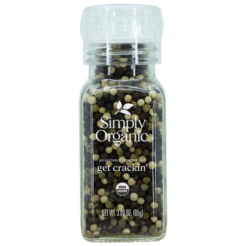 Simply Organic Whole Pepper Grinder, 3 Ounce Bottle, Blend Of Black, White And Green Peppercorn For Complex Flavor
