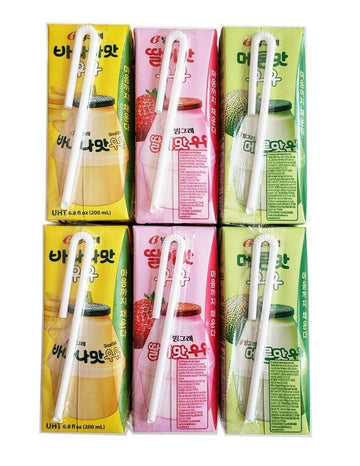 Binggrae Variety Milk Drink, Banana Strawberry Melon Flavors, 6.8 Fl Oz, Pack of 6