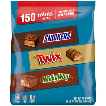 SNICKERS, TWIX, & MILKY WAY Minis Halloween Chocolate Candy Bars Variety Pack, 150 Ct Bulk Bag