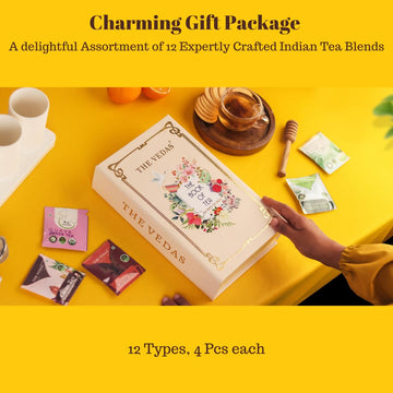 The Vedas Book Of Tea Gift Set | Assorted Tea Bags Gift Box | 12 Exotic Herbal Tea Blends | 4 Units Of Each Variety, Net 48 | Be
