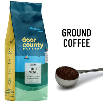Door County Coffee Toffee Pretzel Flavored Coffee Ground | 10 Oz Bag | Flavored Ground Coffee Medium Roast | 100% Specialty Arabica Coffee Ground | Flavored Gourmet Coffee | Toffee Pretzel Coffee