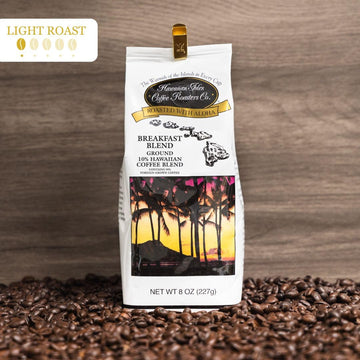 Hawaiian Isles Coffee Breakfast Blend, Light Roast Ground Coffee,10% Hawaiian Coffee Blend, Roasted With Aloha - 8 Ounce Bag